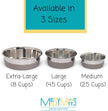 Three dog bowls in varying sizes (medium, large, and extra-large), each displaying the dimensions and respective capacities.
