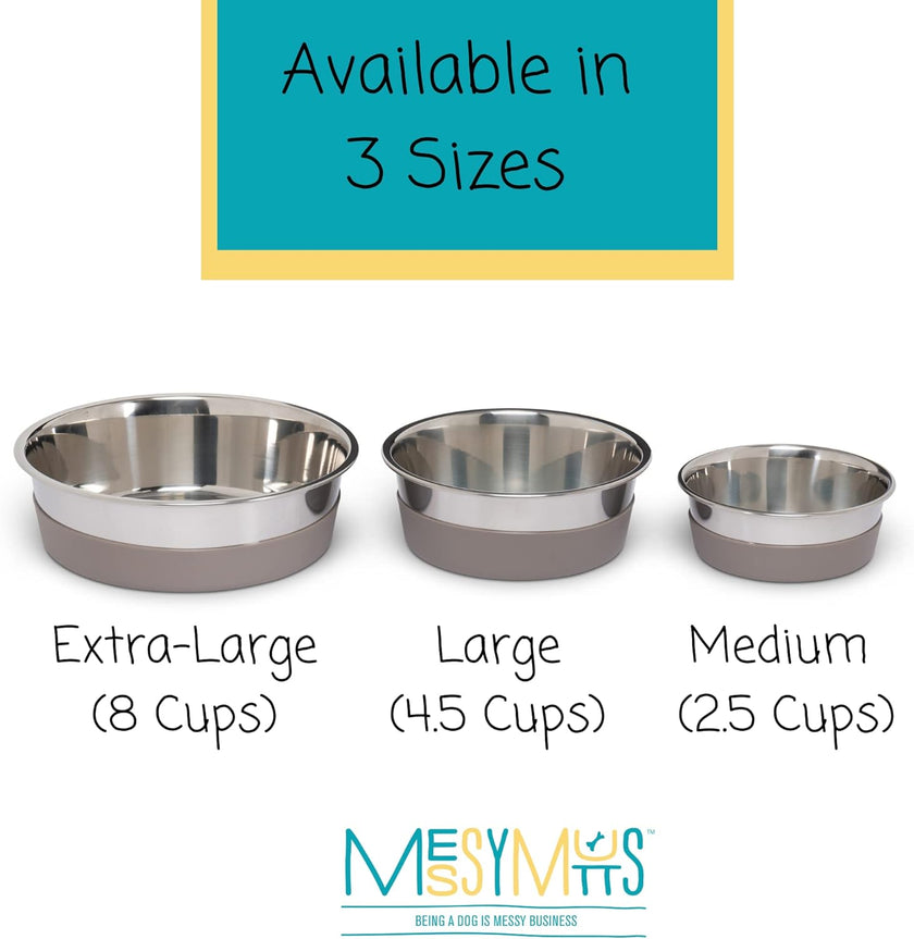 Three dog bowls in varying sizes (medium, large, and extra-large), each displaying the dimensions and respective capacities.