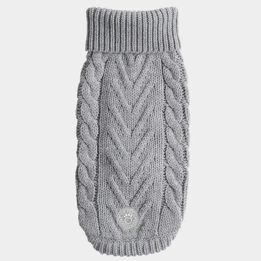 Close-up of GF PET® Chalet Sweater showing luxurious, soft cable knit texture in grey colour
