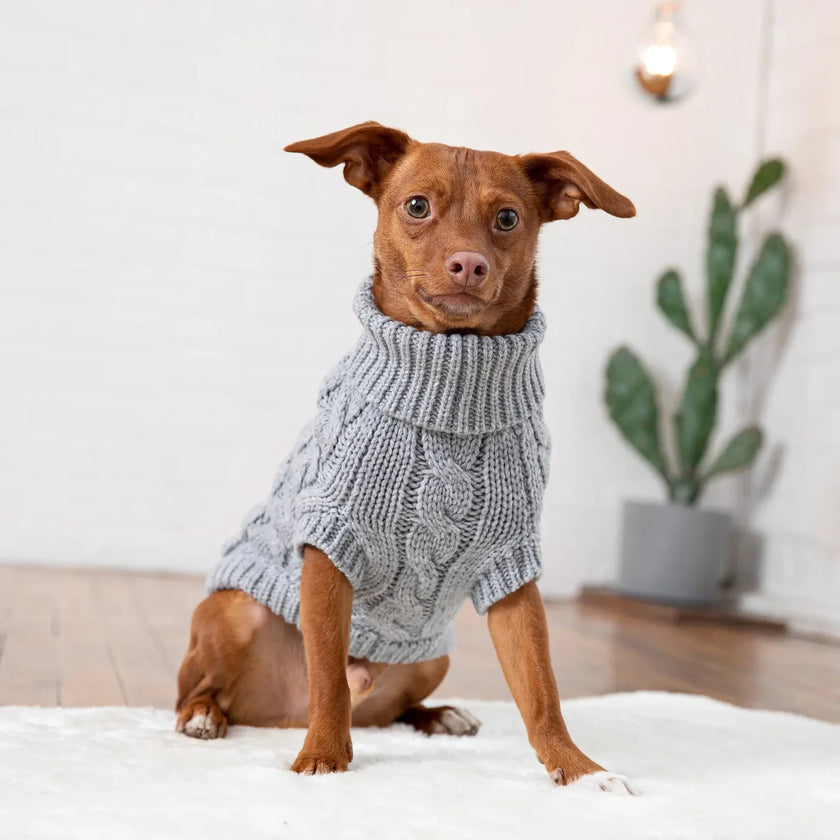 chunky cable knit sweater by GF PET® with a high turtleneck and ribbed armholes small