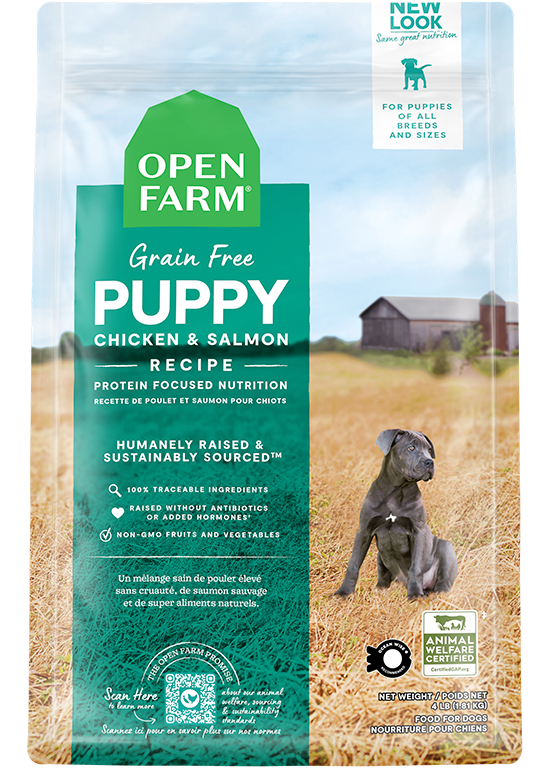 Open Farm Puppy Grain-Free Dry Dog Food 4lb bag with a blend of chicken, pork, and wild-caught salmon