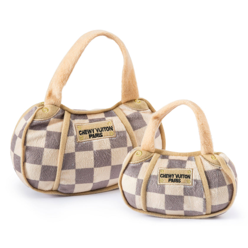 Checker Chewy Vuiton Handbag Squeaker Dog Toy 