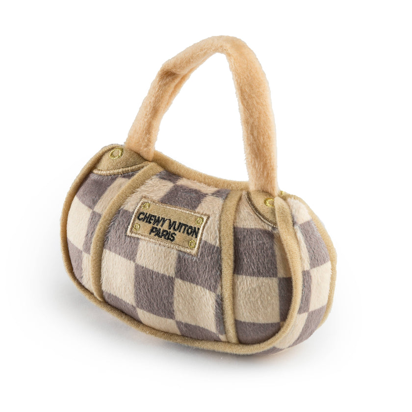 Checker Chewy Vuiton Handbag Squeaker Dog Toy 