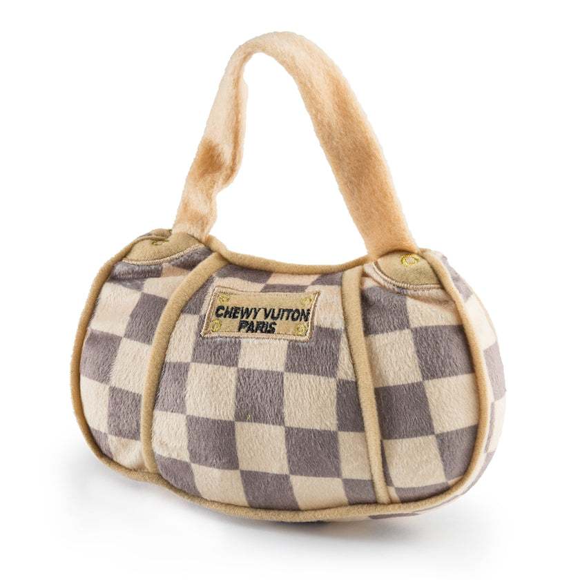 Checker Chewy Vuiton Handbag Squeaker Dog Toy - Large