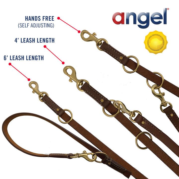 Angel Pet Supplies - Leather & Brass Multi-Function 7ft Leash - Brown