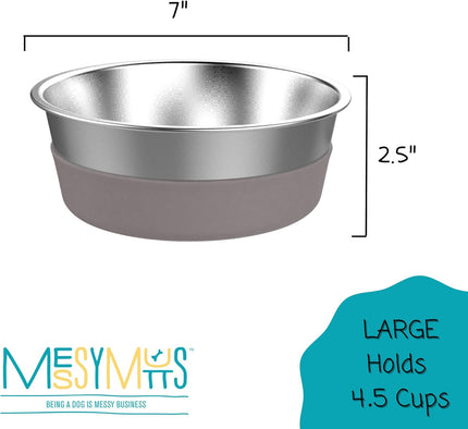 A side view of the dog bowl highlighting its dimensions, sturdy stainless steel construction with straight side walls for increased stability.