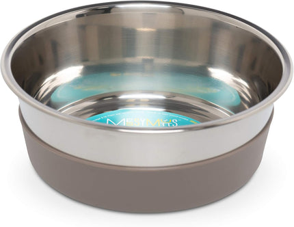 A close-up image showing the heavy-duty dog bowl with its grey silicone non-slip base, designed to prevent floor damage and keep the bowl steady.