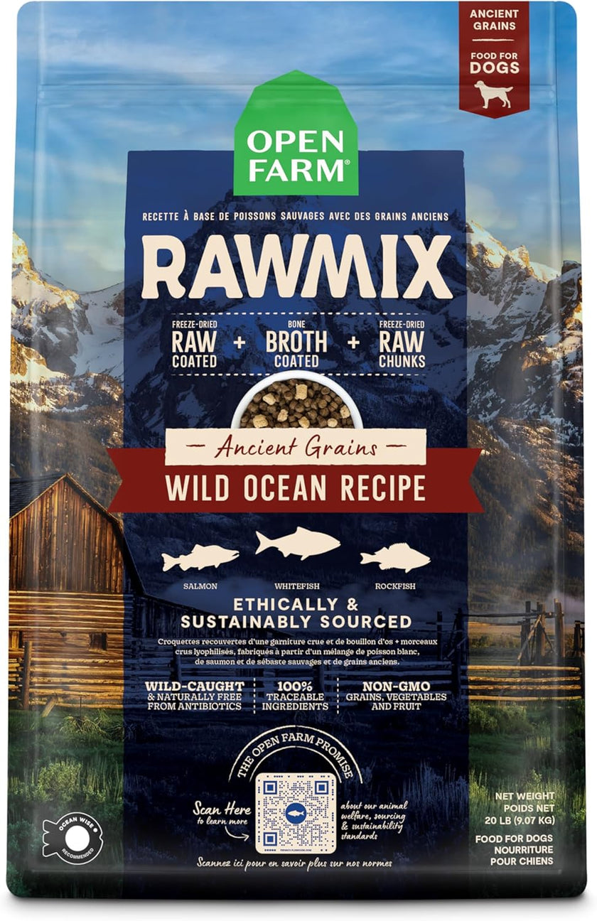 Open Farm Wild Ocean Ancient Grains RawMix for Dogs with kibble, freeze-dried raw fish, and non-GMO grains.