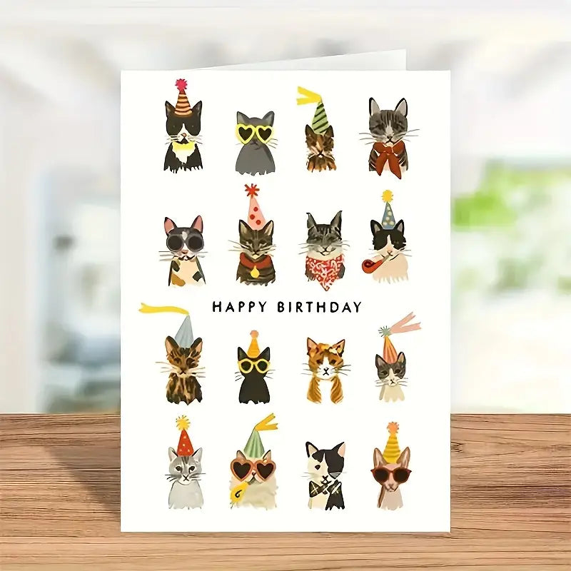 Rows of Cats on Greeting Card with Happy Birthday text Purr-fect 