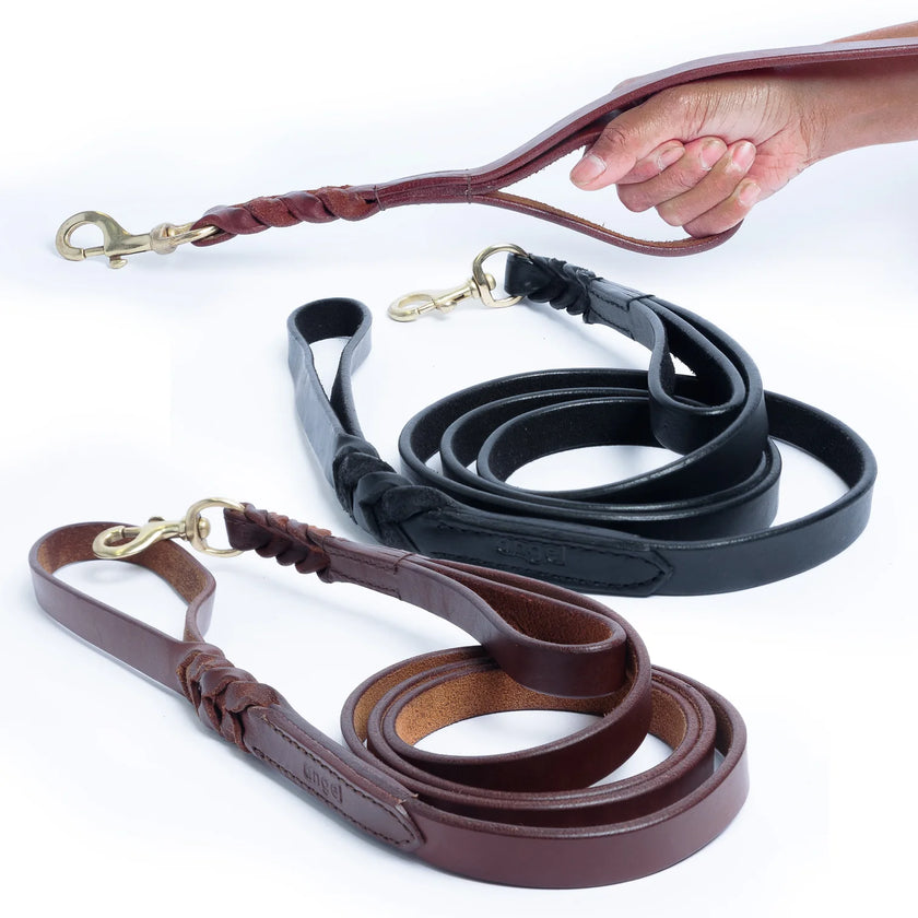 Angel Pet Supplies - Leather Double Handle Braided Leash - 6ft, Brown