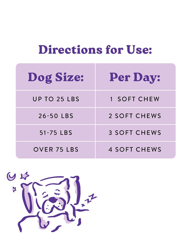 Directions for use of Calming Supplements for Dogs – daily soft chew dosage for stress relief, including size and dose per day