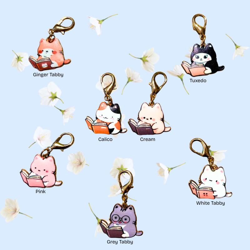 Cat Enamel Keychain Charm - Reading Cats Collection