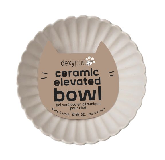 Dexypaws - Raised Ceramic Cat Bowl - White With Black Flower - 8.7oz