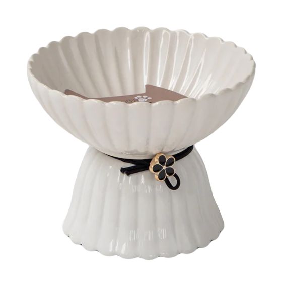 Dexypaws - Raised Ceramic Cat Bowl - White With Black Flower - 8.7oz