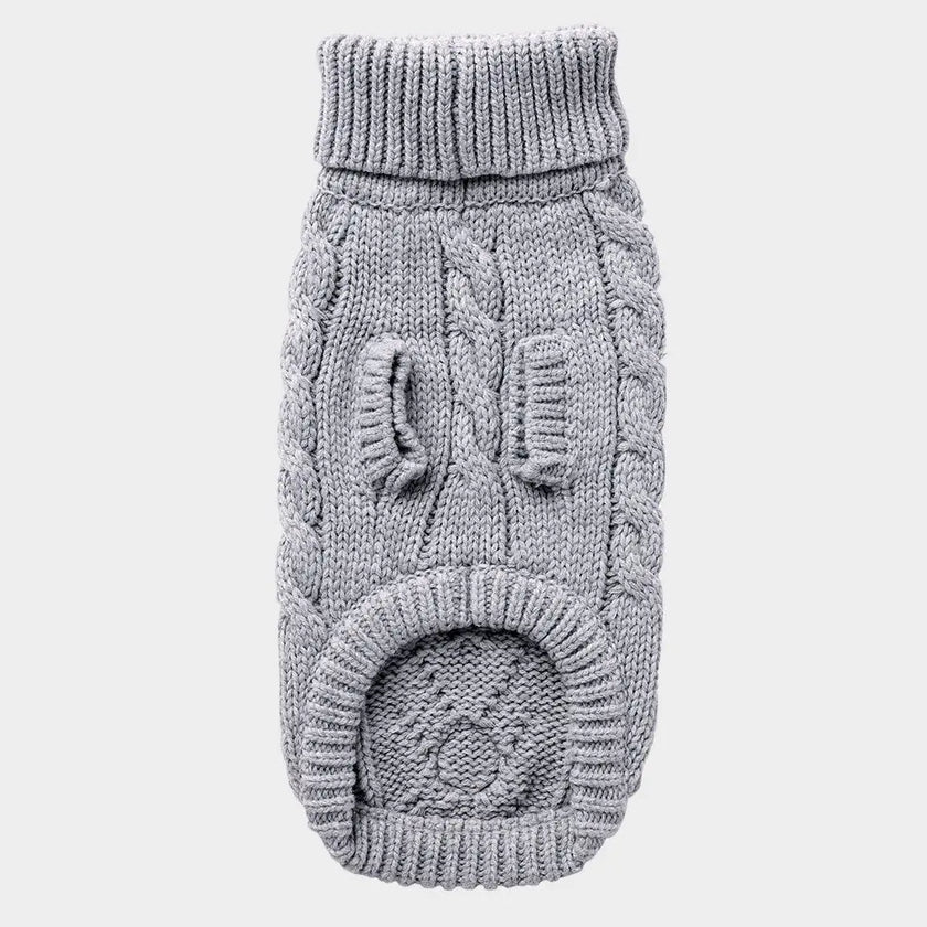 Close-up of GF PET® Chalet Sweater showing luxurious, soft cable knit texture in grey