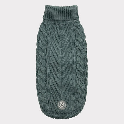 Flat lay of the GF PET® Chalet Sweater, highlighting its cable knit pattern, ribbed edges, and high turtleneck