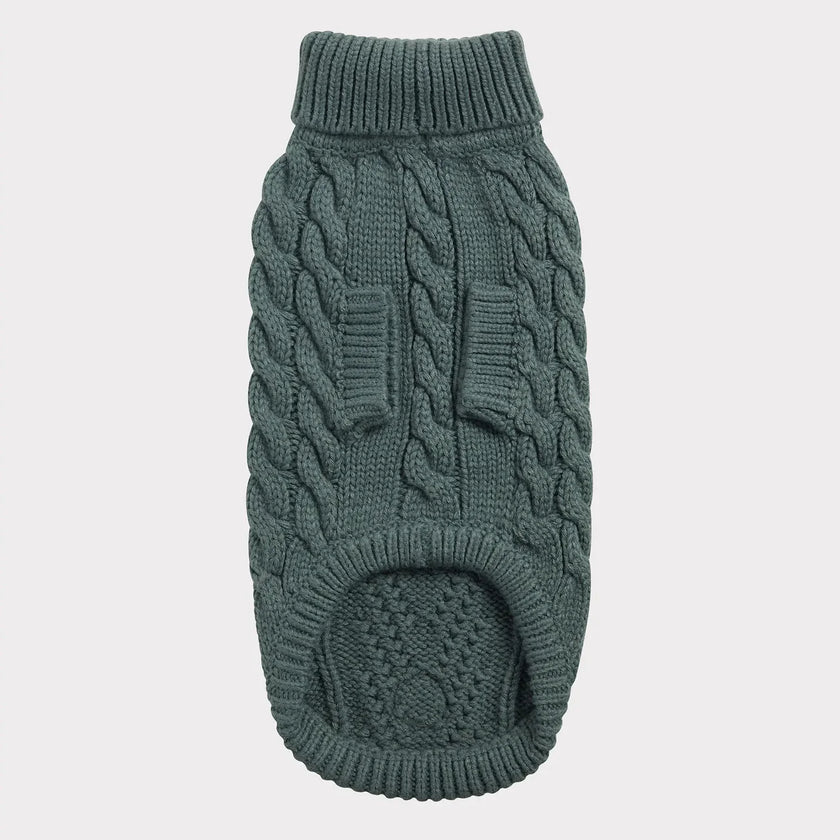 Flat lay of the GF PET® Chalet Sweater, highlighting its cable knit pattern, ribbed edges, and high turtleneck