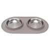 A double diner feeder featuring two stainless steel bowls with a non-slip silicone base, perfect for keeping your pet’s food and water secure.