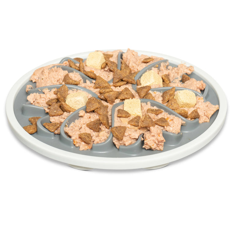 The slow feeder with a mix of hard and soft food, demonstrating its compatibility with different types of food, including raw.