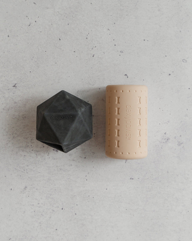 Dexypaws 2 Piece Aggressive Power Duo Geometric and Cylinder Treat Dispencer Set 
