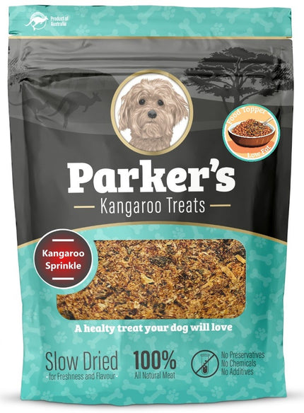 Packaging of Kangaroo Sprinkle Dog Treats with visible lean, slow-dried kangaroo meat pieces inside.