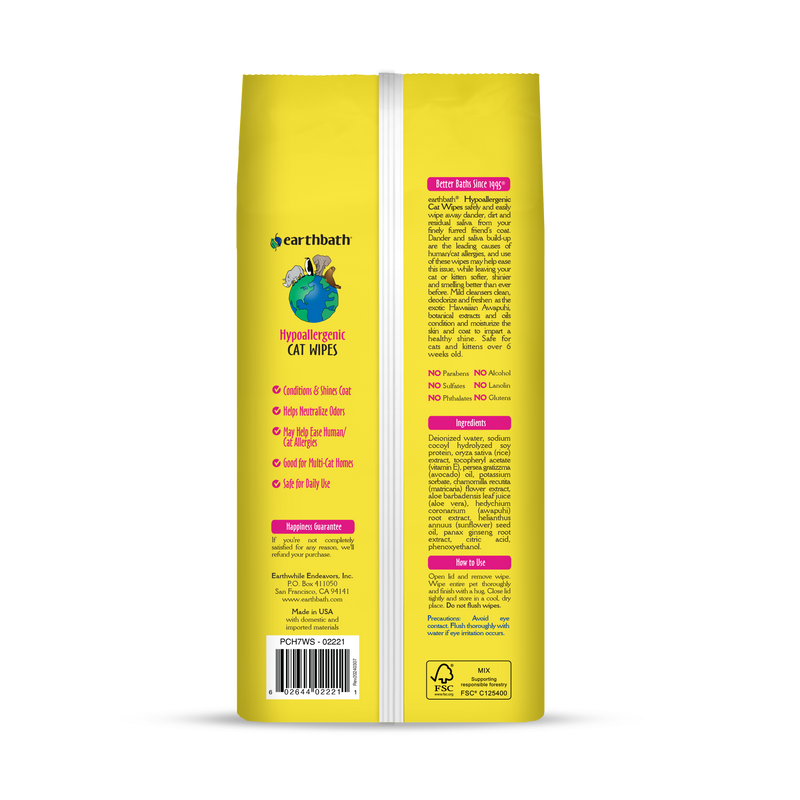 earthbath Hypoallergenic Fragrance Free Cat Wipes (100 ct)