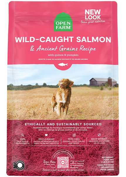 Bag of Open Farm Wild-Caught Salmon & Ancient Grains Dry Dog Food with a healthy blend of kibble and ingredients