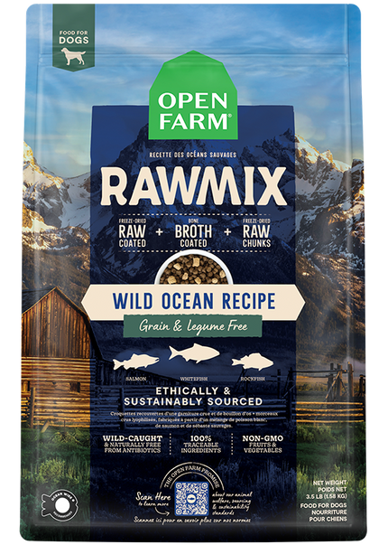 Open Farm Wild Ocean Grain-Free RawMix for Dogs featuring kibble coated in bone broth, freeze-dried cod chunks, and wild-caught fish