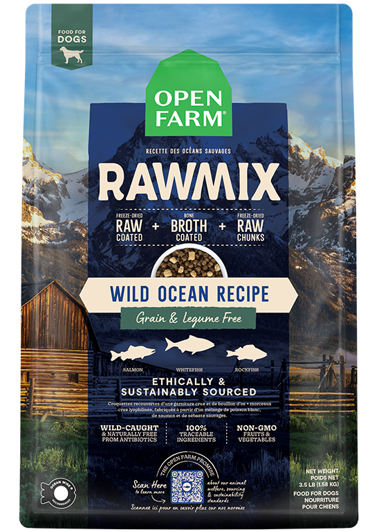 Open Farm Wild Ocean Grain-Free RawMix for Dogs featuring kibble coated in bone broth, freeze-dried cod chunks, and wild-caught fish