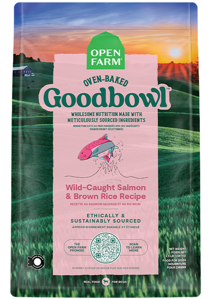 Goodbowl™ premium dog food packaging with salmon and brown rice