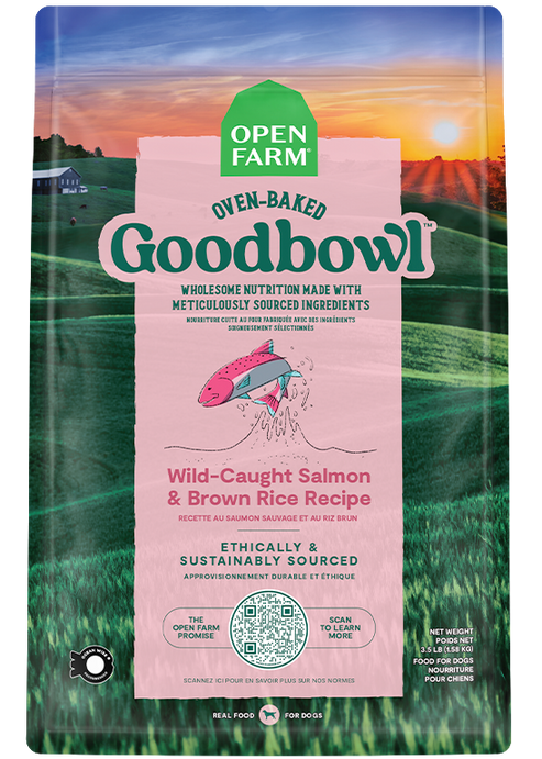 Goodbowl™ premium dog food packaging with salmon and brown rice