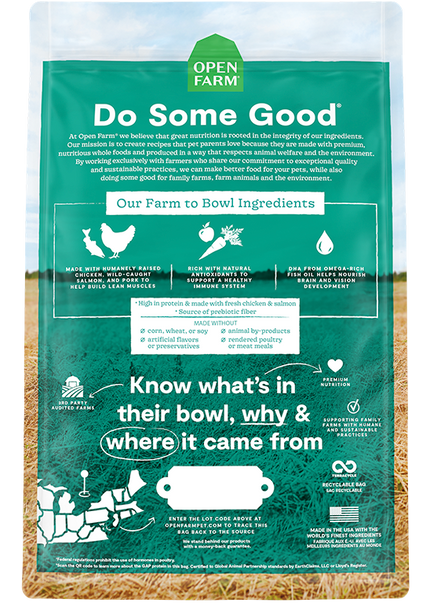 Ingredients for Open Farm Puppy Grain-Free Dry Dog Food, including chicken, pork, wild-caught salmon, and non-GMO vegetables