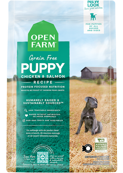 Open Farm Puppy Grain-Free Dry Dog Food 4lb bag with a blend of chicken, pork, and wild-caught salmon