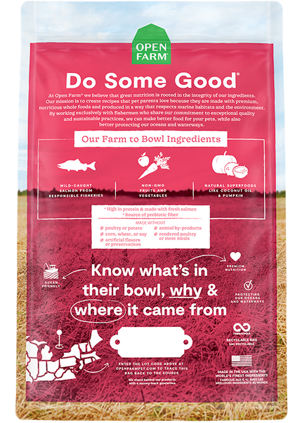 Bag of Open Farm Wild-Caught Salmon Grain-Free Dry Dog Food nutrients and ingredient list