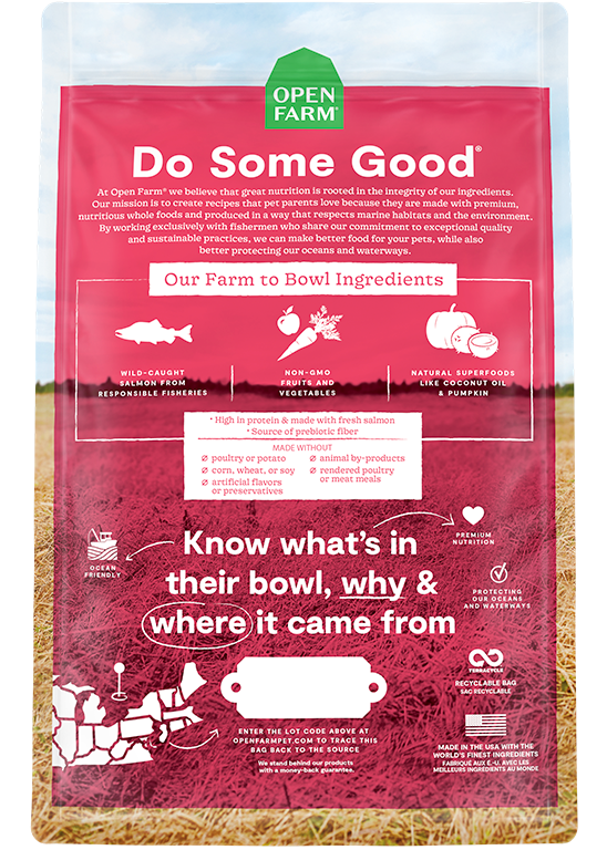 Bag of Open Farm Wild-Caught Salmon Grain-Free Dry Dog Food nutrients and ingredient list
