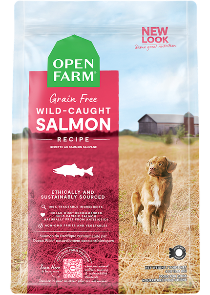 Bag of Open Farm Wild-Caught Salmon Grain-Free Dry Dog Food featuring wild-caught salmon and wholesome ingredients.