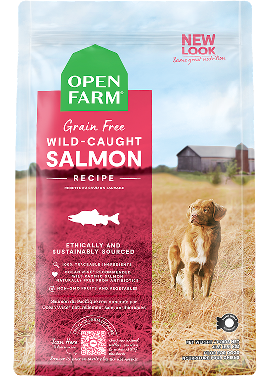 Bag of Open Farm Wild-Caught Salmon Grain-Free Dry Dog Food featuring wild-caught salmon and wholesome ingredients.