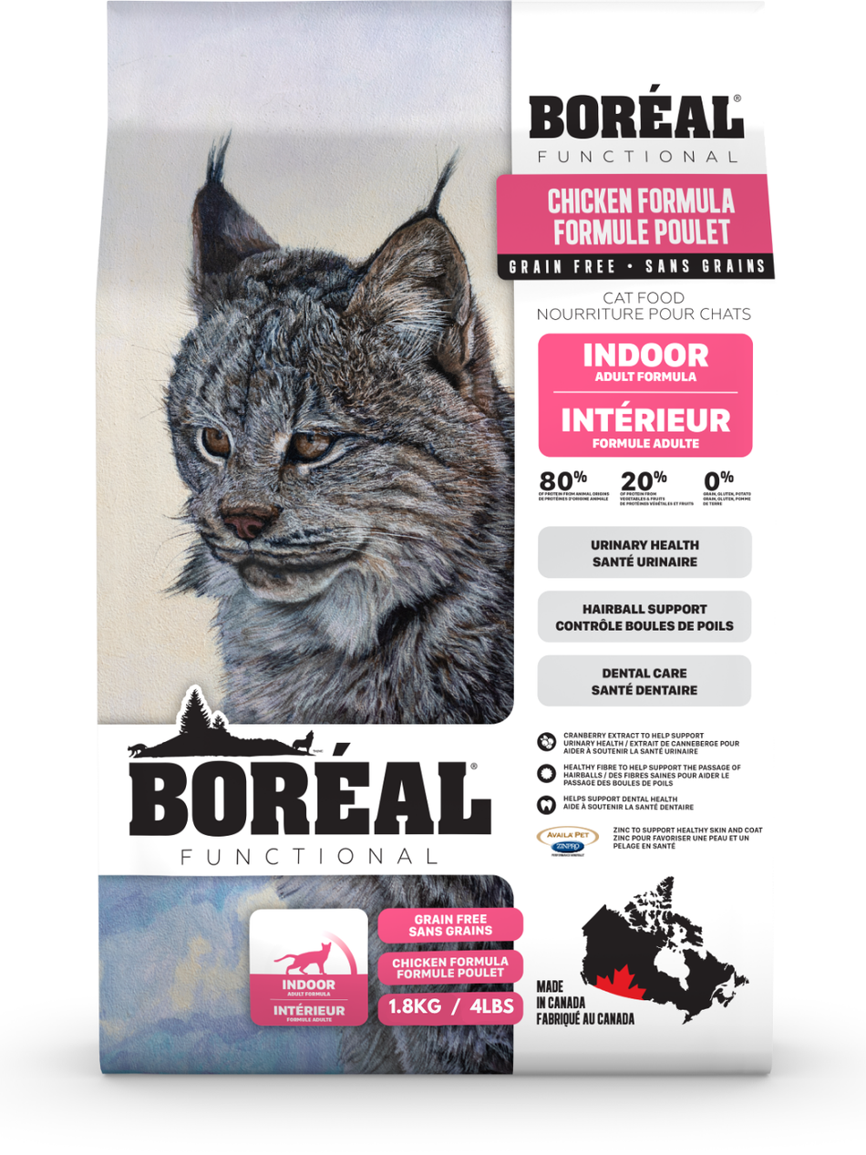 Boreal Functional Indoor Adult Grain-Free Chicken Dry Cat Food - Low Carb Hairball Control Canadian Recipe - 4lb (1.8kg)