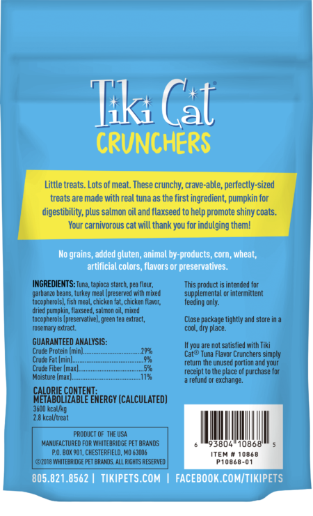 Tiki Cat Crunchers grain-free, high-protein cat treats with salmon oil and flaxseed