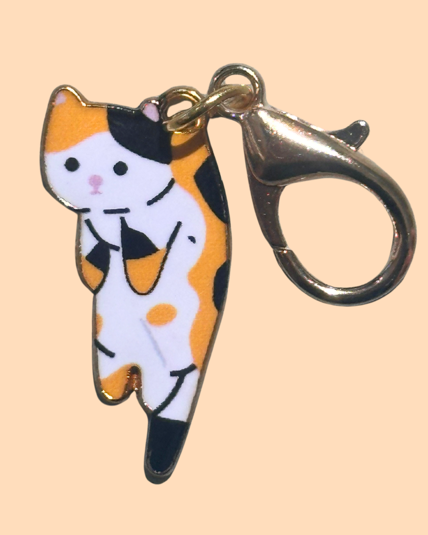 Cat Enamel Keychain Charm - Stretching Cats Collection - Calico