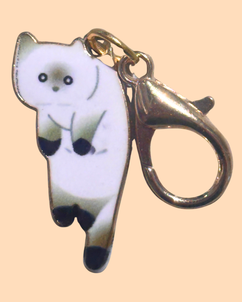 Cat Enamel Keychain Charm - Sitting Cats Collection - White Tabby 