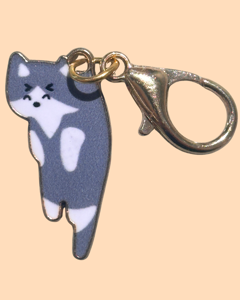 Cat Enamel Keychain Charm - Sitting Cats Collection - Grey Tabby 