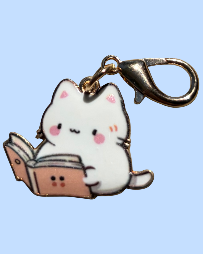 Cat Enamel Keychain Charm - Reading Cats Collection - White Tabby 