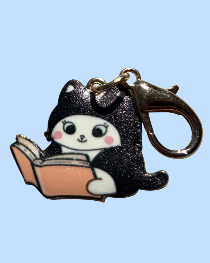 Cat Enamel Keychain Charm - Reading Cats Collection - Tuxedo