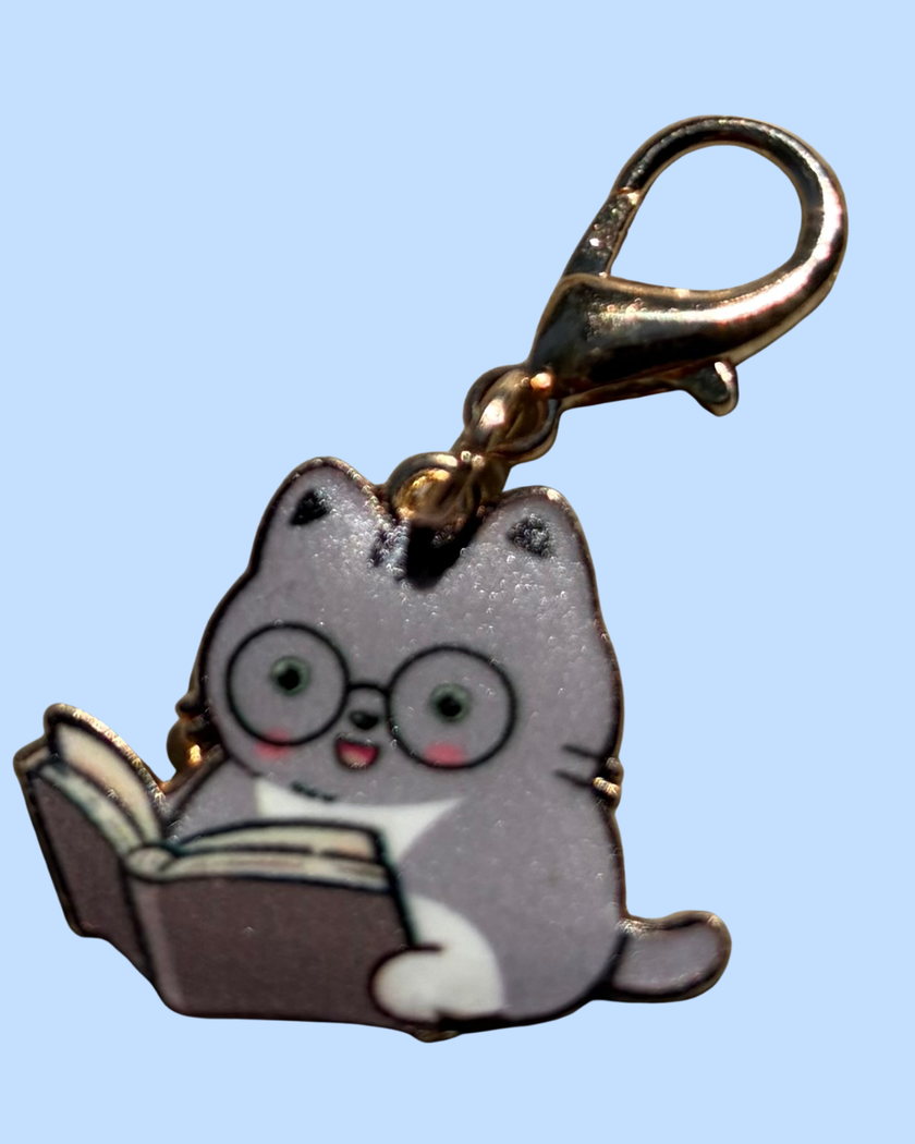 Cat Enamel Keychain Charm - Reading Cats Collection - Grey Tabby