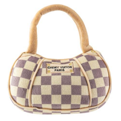 Checker Chewy Vuiton Handbag Squeaker Dog Toy 